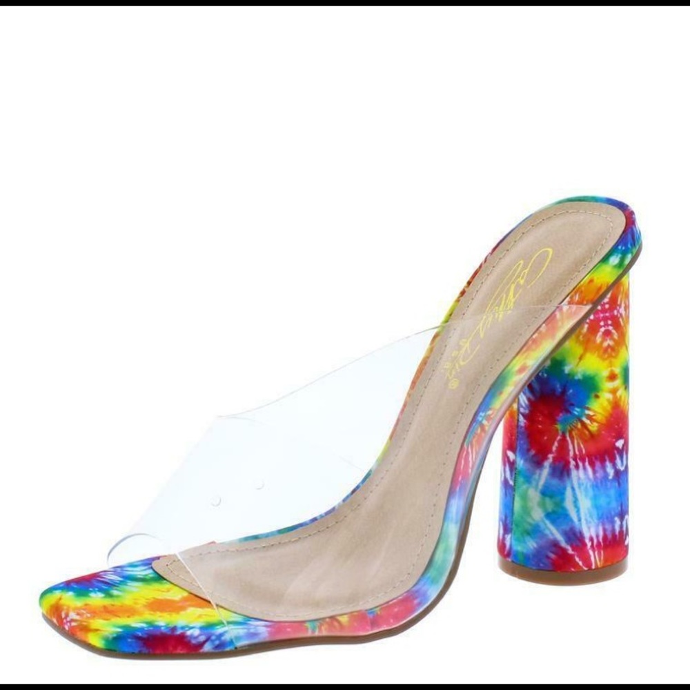Open Toe Tie Dye Rainbow Block Heel